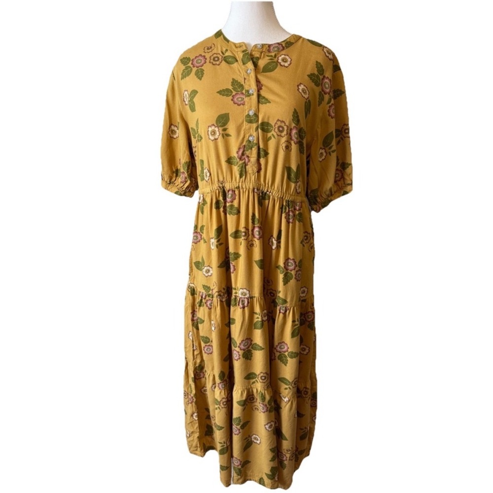 Bridge & Burn Reina Dress L Yellow Floral Tiered Midi Sustainable Modal Pockets